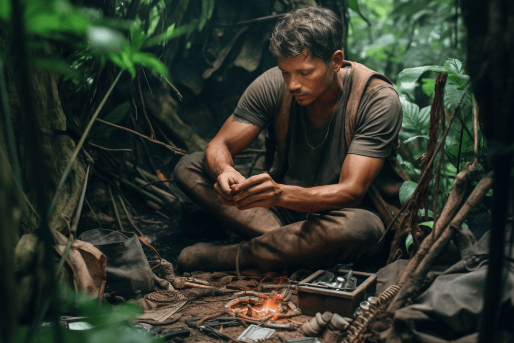 Mann nutzt Werkzeug im Dschungel