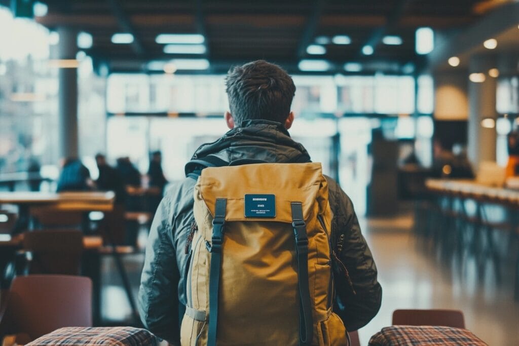 In einem geschäftigen Café denkt eine Person mit einem gelben Rucksack still über ihre nächsten Schritte nach, umgeben vom Stimmengewirr undeutlicher Gespräche. Inmitten aromatischer Kaffeedüfte ist sie darauf konzentriert, die Formalitäten für die Abmeldung vom Wohnsitz zu regeln.