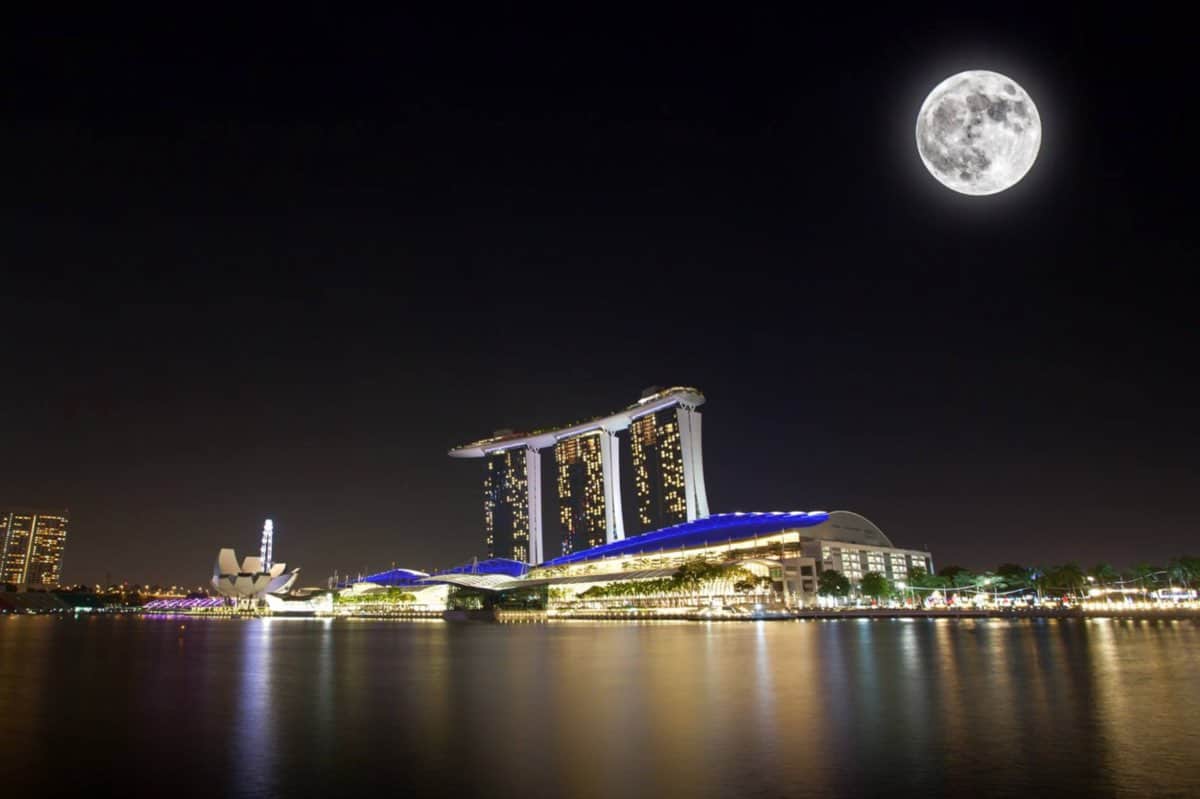 Die Skyline von Singapur mit dem Marina Bay Hotel