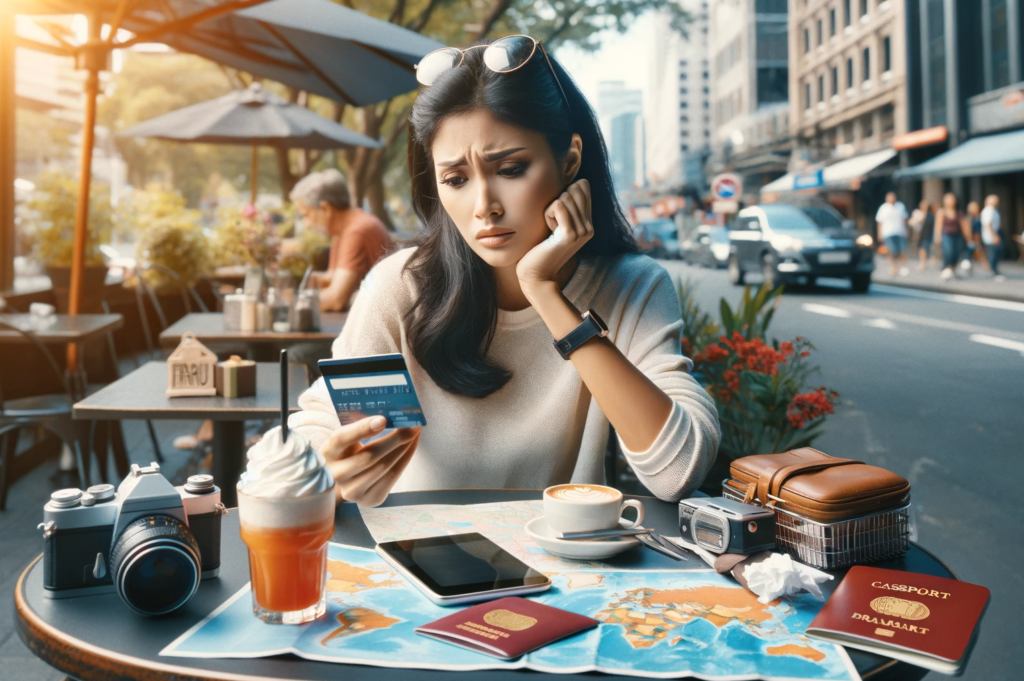 Eine Frau sitz in einem Straßencafé udn sieht ihre Kreditkarte verzweifelt an. Die Kreditkarte wurde für Kreditkartenbetrug missbraucht. sie fragt sich, was sie tun soll und wie sie jetzt an Geld kommen kann.