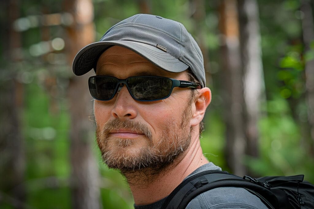 Mann mit Sonnenbrille im Wald
