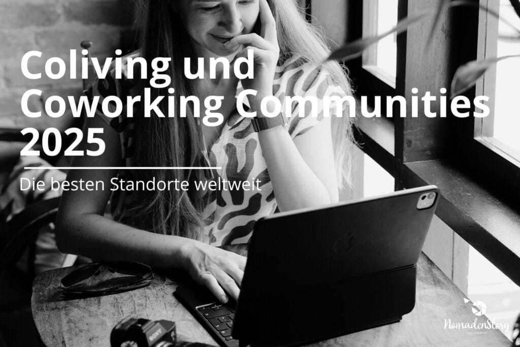 Lächelnde Person, die in einem Café einen Laptop benutzt; Text über Coliving- und Coworking-Communitys 2025 auf Deutsch.