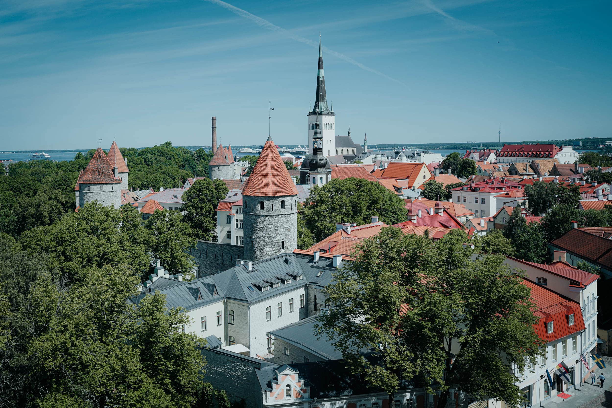 Eine Stadtlandschaft mit Gebäuden mit roten Dächern, Steintürmen und einem hohen Kirchturm zwischen grünen Bäumen unter einem blauen Himmel.