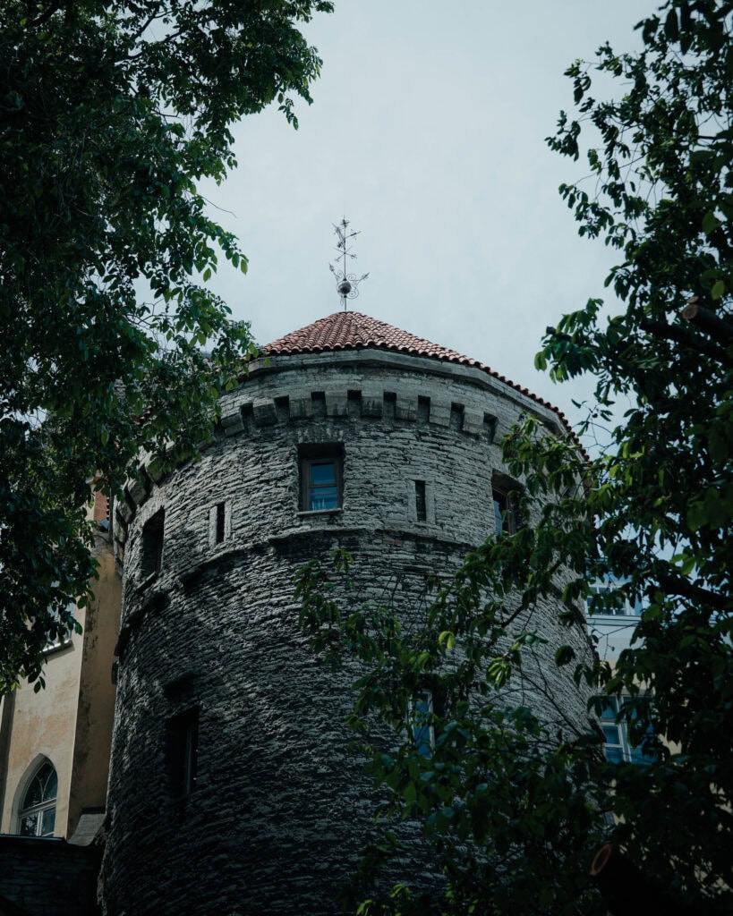 Vor einem bewölkten Himmel in Tallinn steht ein runder Steinturm mit rotem Dach, das teilweise von grünen Ästen verdeckt wird.