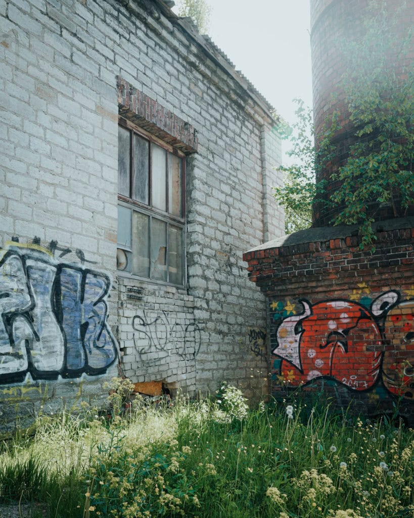 Altes Backsteingebäude in Tallinn mit Graffiti an den Wänden, überwuchertem Gras und Sonnenlicht, das durch die Bäume fällt.