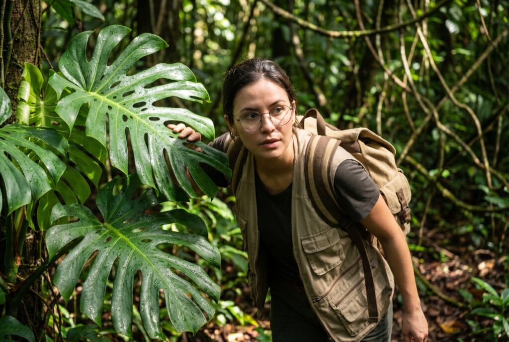 Eine Person mit Brille und Rucksack erkundet einen dichten, grünen Dschungel und berührt ein großes Blatt.
