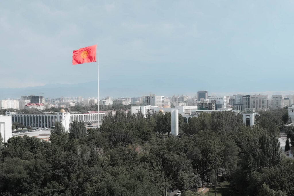 Über einer Stadtlandschaft mit vielen Bäumen und Gebäuden weht unter einem dunstigen Himmel eine große rote Fahne.