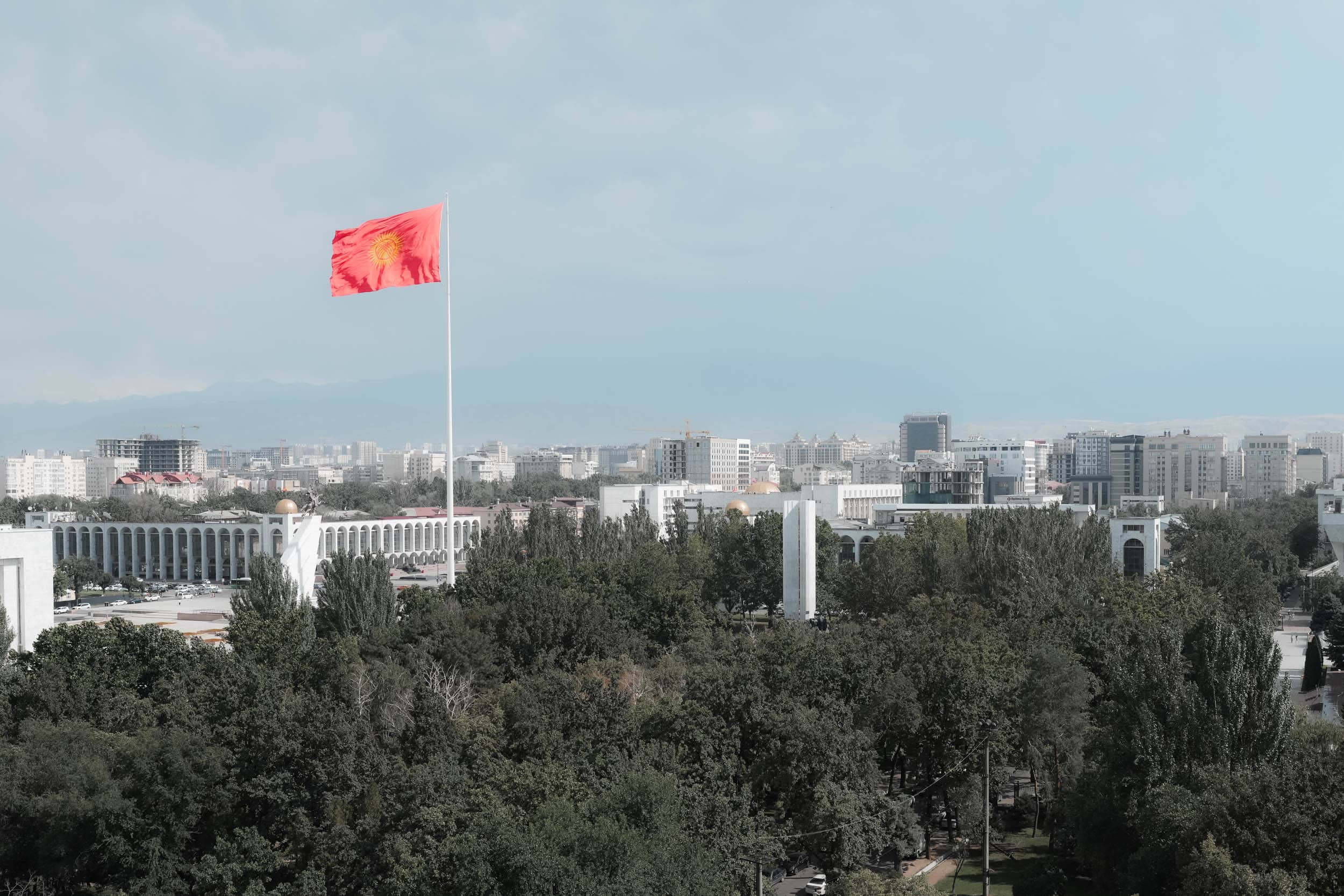 Über einer Stadtlandschaft mit vielen Bäumen und Gebäuden weht unter einem dunstigen Himmel eine große rote Fahne.