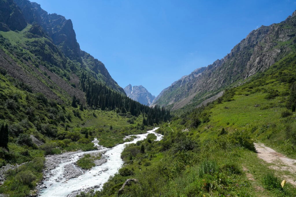 Ein Fluss fließt durch ein grünes Bergtal unter einem strahlend blauen Himmel, im Hintergrund ragen die felsigen Gipfel des Ala-Archa-Nationalparks empor.