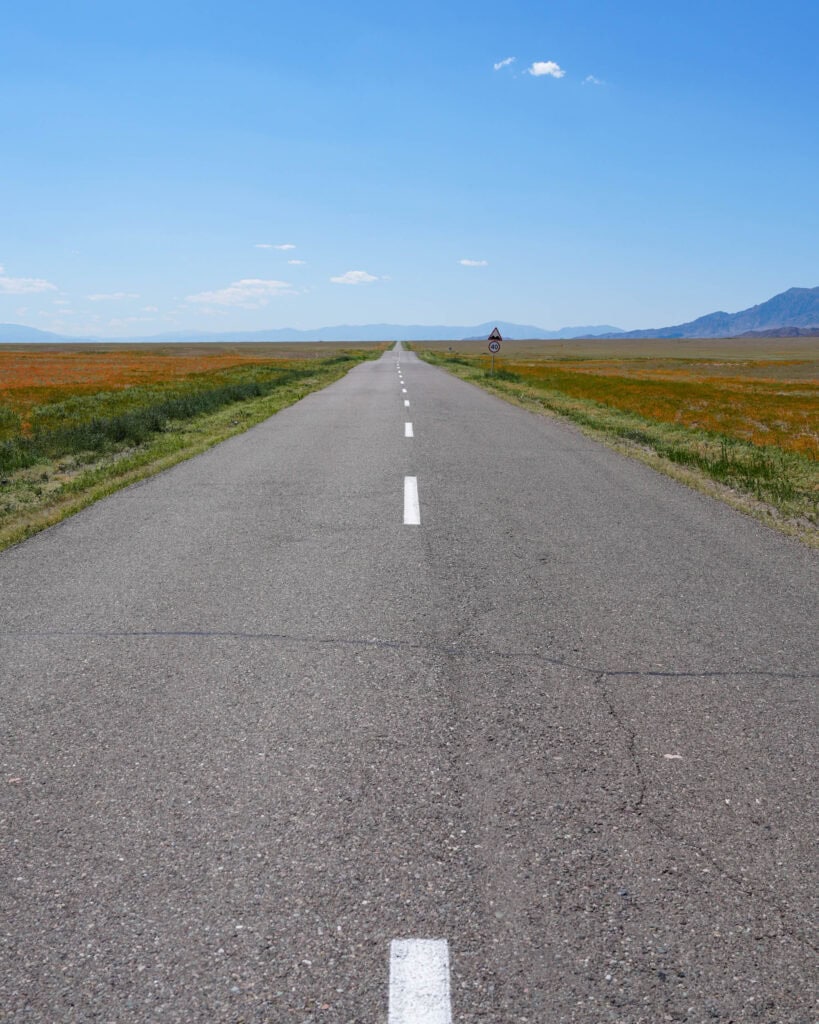 Eine gerade, menschenleere Straße erstreckt sich unter einem strahlend blauen Himmel über offene Felder bis in die Ferne.