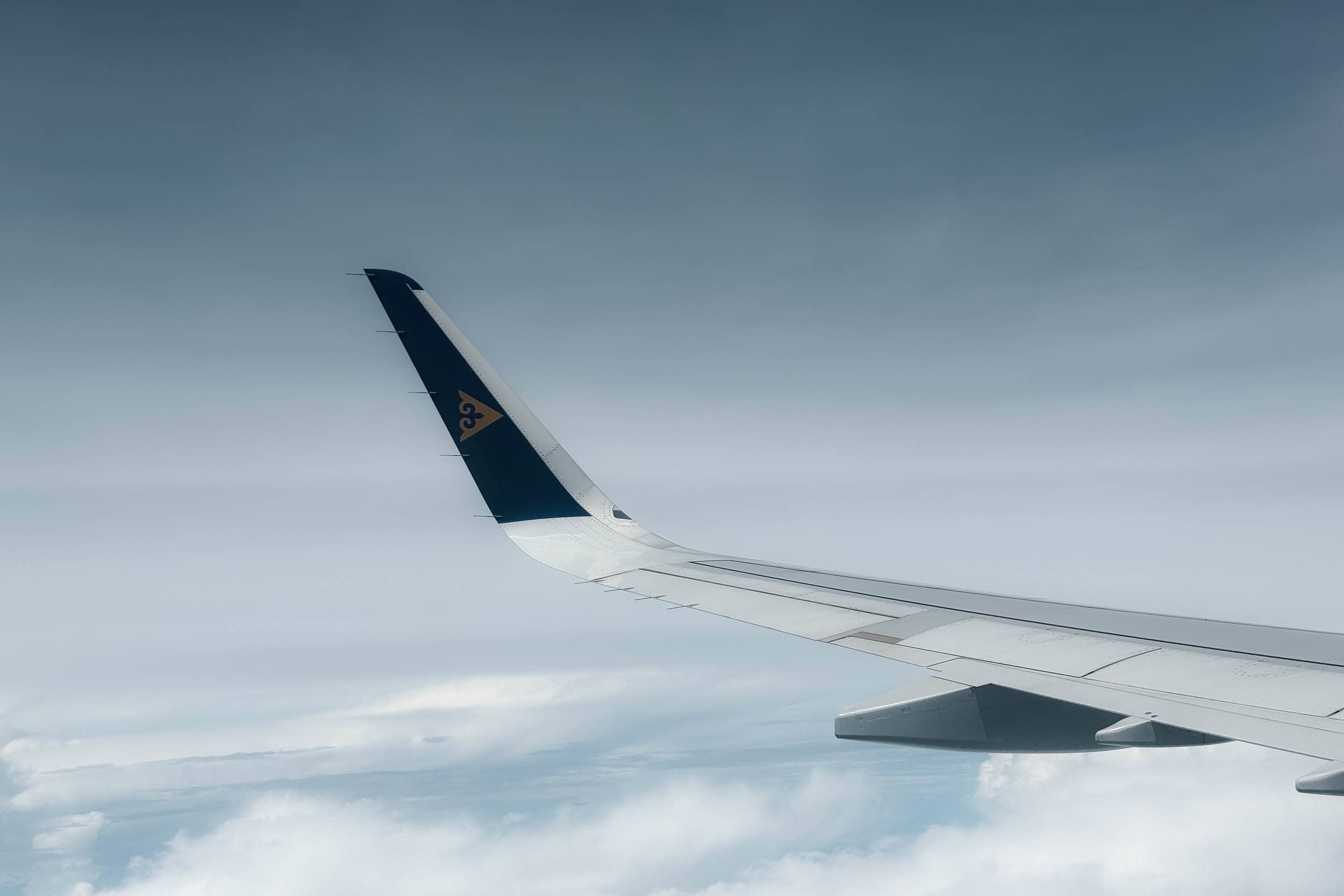 Ein Flugzeugflügel mit einer blau-gelben Spitze, der unter einem bewölkten Himmel über den Wolken fliegt.