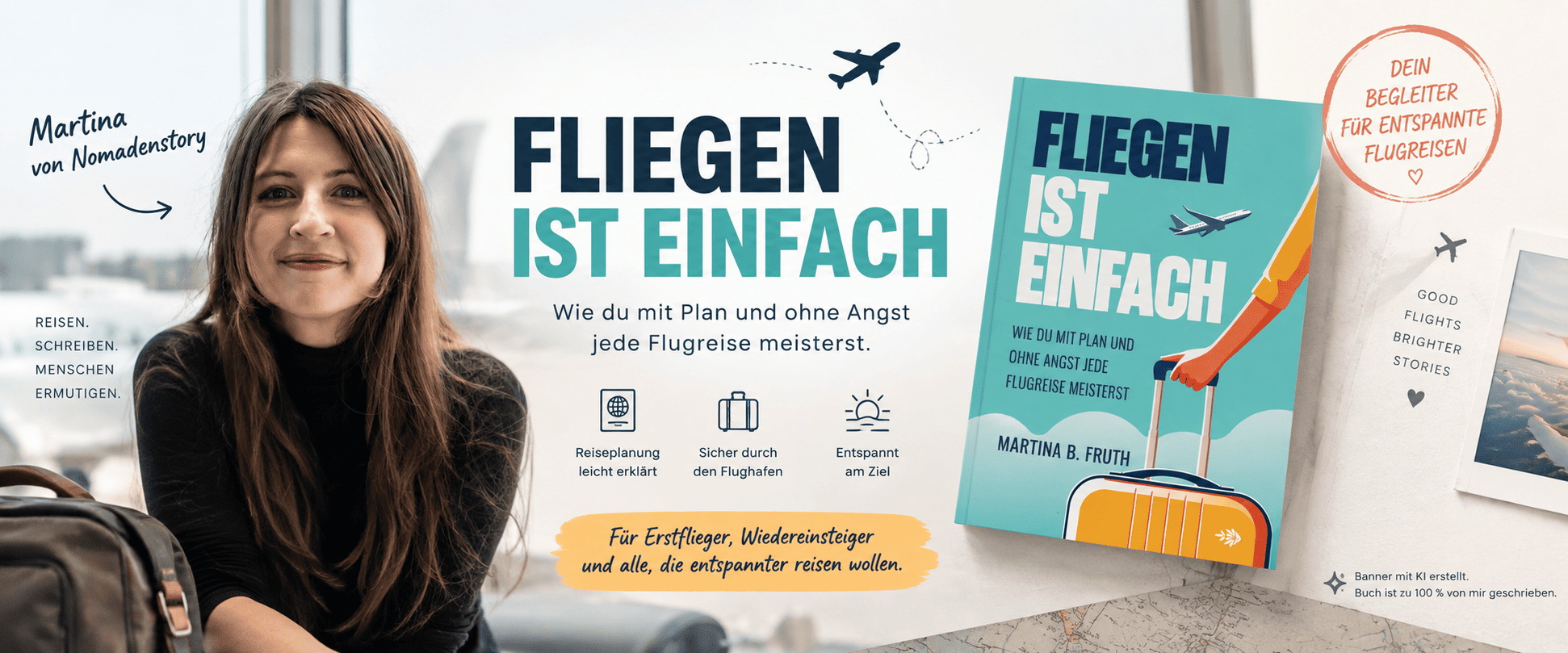 Lächelnde Frau mit einem Koffer neben einem Buchcover mit dem Titel „FLIEGEN IST EINFACH“ und dazugehörigen Grafiken zum Thema Fliegen – ideal für alle, die ihre Flugangst überwinden möchten.
