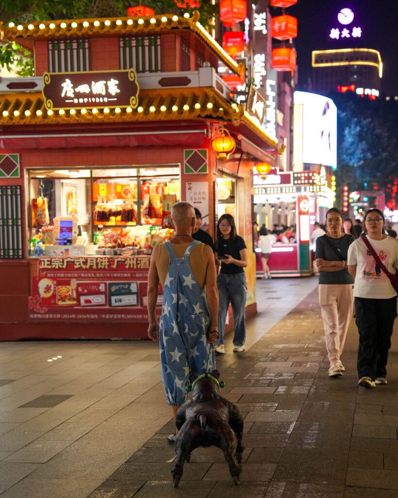 Eine Person in einer Latzhose mit Sternenmuster geht nachts mit einer französischen Bulldogge auf einer belebten Stadtstraße spazieren.