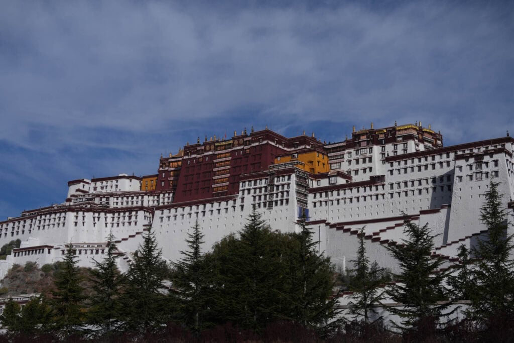 Der Potala-Palast in Lhasa, Tibet, thront auf einem Hügel, im Vordergrund sind Kiefern zu sehen.